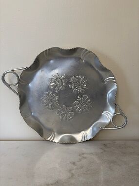 Vintage Hammered Aluminum Tray with Floral Embossed Center and Dual Handles